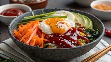 Artistic representation of bibimbap showcasing vibrant ingredients and glossy finish for culinary inspiration