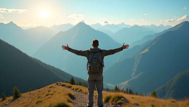 A lone hiker stands triumphantly atop a mountain peak, arms outstretched embracing the stunning panorama of rolling hills and distant summits in a tranquil alpine setting