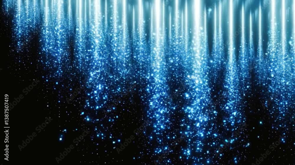 Poster blue cascading lights with sparkling particles on dark background | glowing abstract overlay | magic