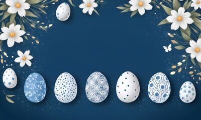 Easter eggs decorated in blue patterns with flowers on a dark blue background for spring celebration