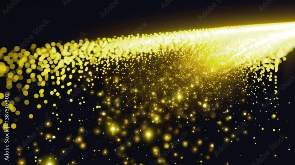 Poster golden stream of glittering particles flowing on dark background | bright shimmer light effect | abs