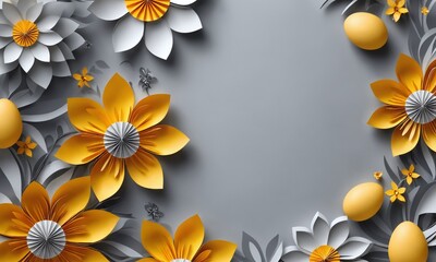 Colorful paper flowers and eggs arranged beautifully on a gray background create a festive and cheerful decoration for spring celebrations