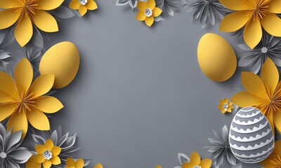 Bright yellow paper flowers and Easter eggs create a festive spring decoration on a gray background