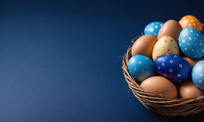 Colorful eggs displayed in a woven basket on a blue background for spring festivities or celebrations