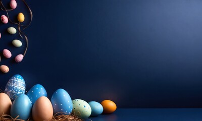 Colorful Easter eggs arranged on a surface with a dark blue backdrop and decorative elements hanging above