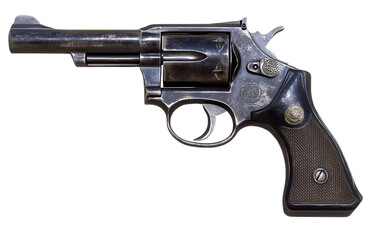 A high-resolution PNG image of a black pistol gun isolated on a transparent background, with a white border and a solid color background