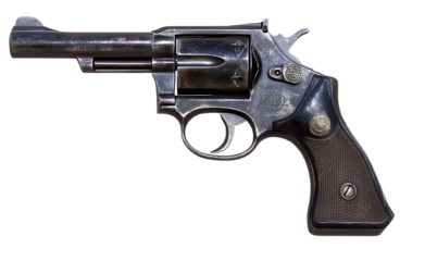 A high-resolution PNG image of a black pistol gun isolated on a transparent background, with a white border and a solid color background