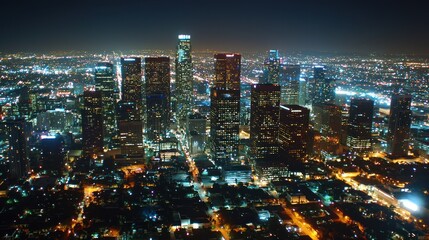 Naklejka premium Nighttime Aerial View of Downtown Los Angeles Skyline