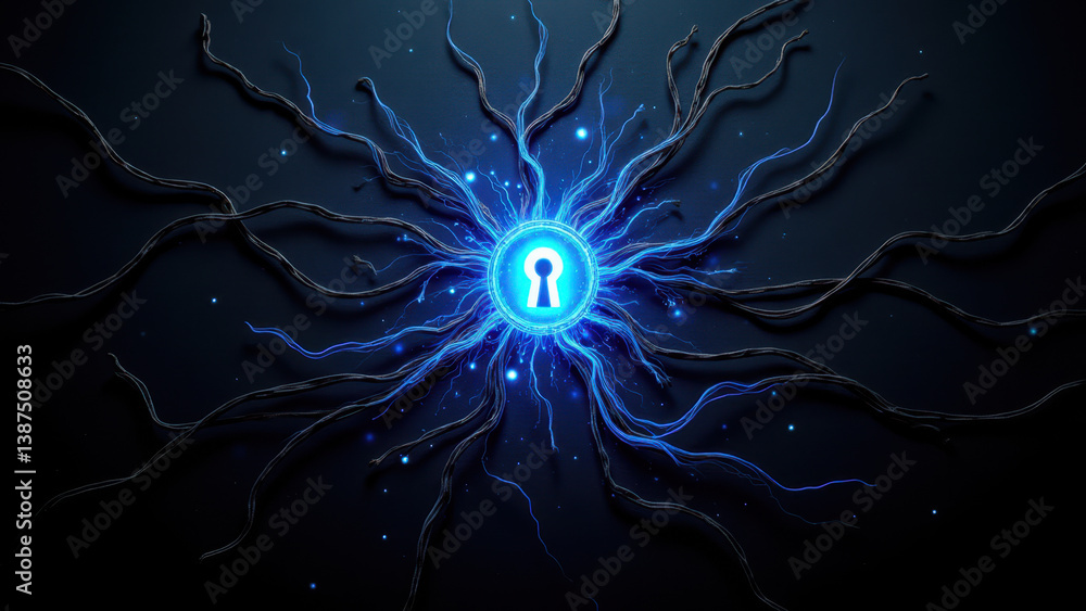 Poster a dynamic digital artwork with a blue light lock at the center surrounded by intricate circuitry pat
