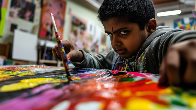 Teen Art Therapy – Focused Boy Painting in a Bright Studio