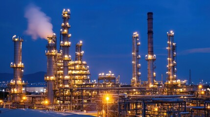 Obraz premium Night View of Illuminated Oil Refinery Complex