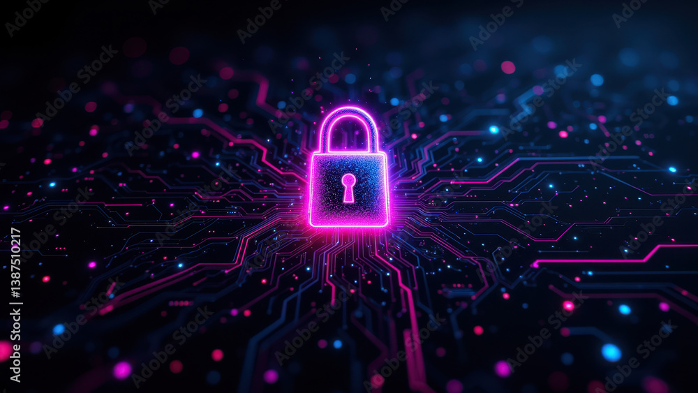 Poster a glowing digital lock symbolizing internet and cybersecurity protection set against a network of ne