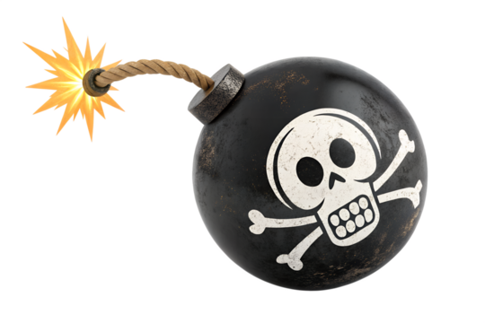 Explosive bomb with a burning fuse and 3D metal sphere design symbolizing danger and explosion