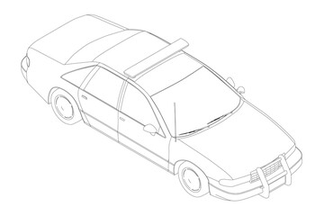 A police car is drawn in black and white. The car is parked on the side of the road. Isometric view © German Ovchinnikov