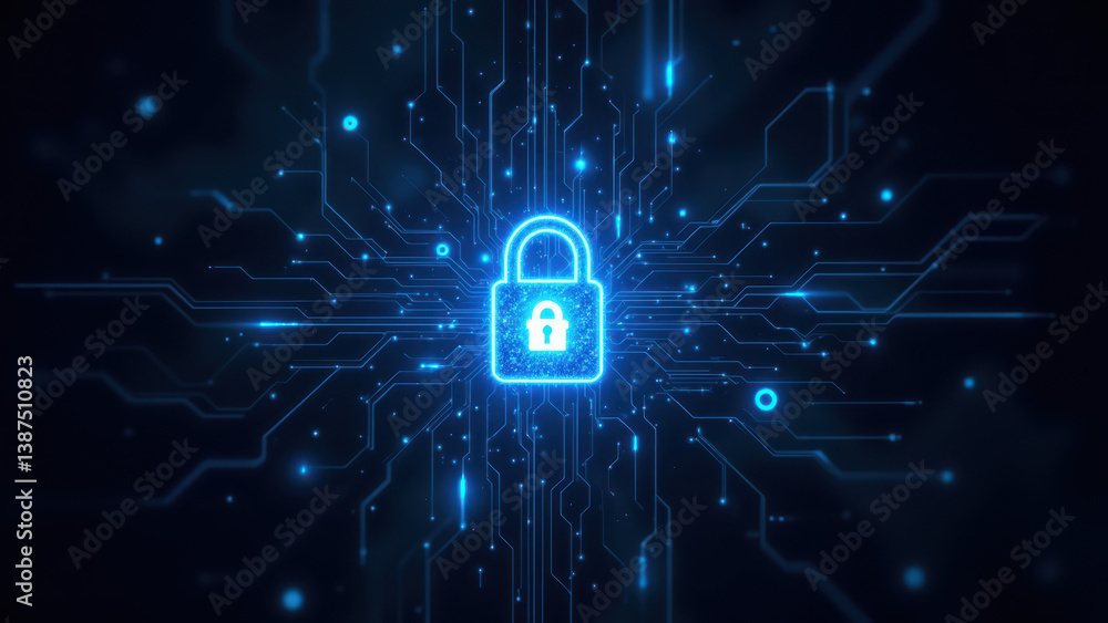 Poster a digital lock with cybernetic circuitry, symbolizing data protection and encryption.