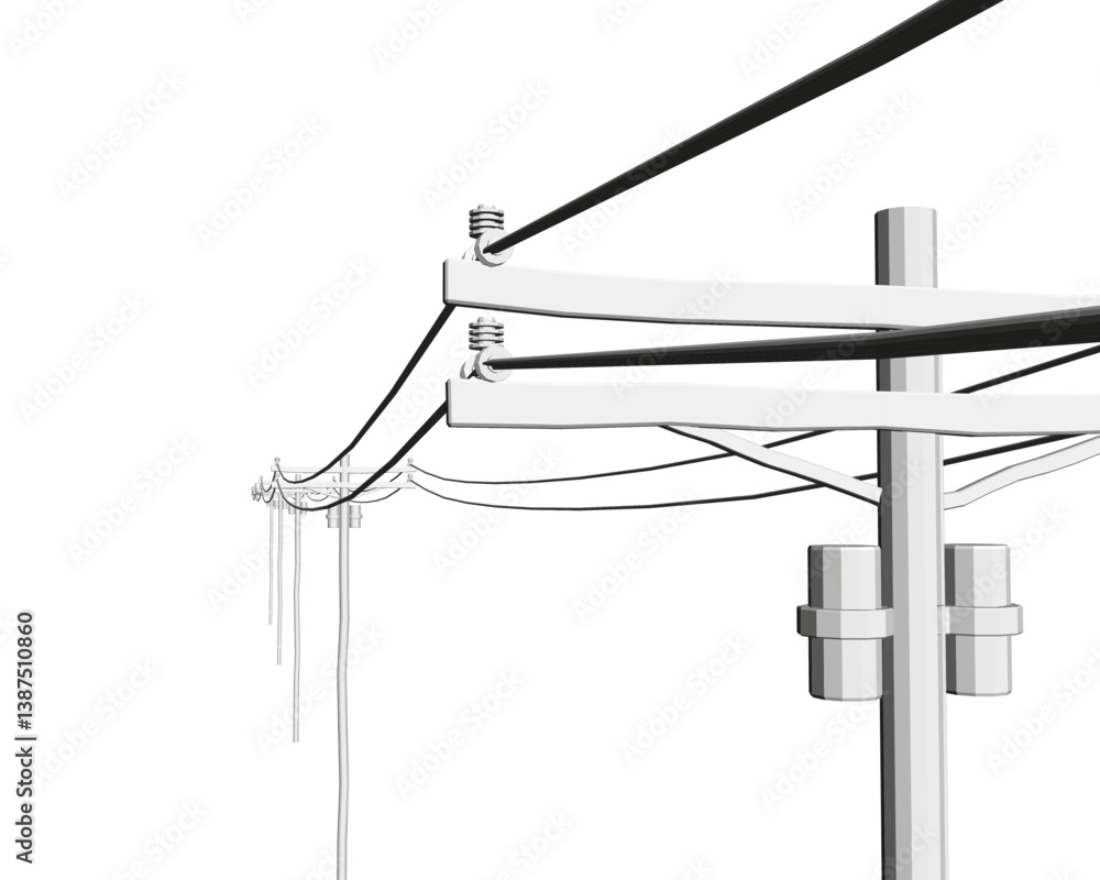 Poster a white pole with black wires is shown in the foreground. the pole is tall and has a black and white