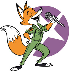 Fototapeta premium Cartoon Dancing Fox Singing with a Microphone in a Vintage Style
