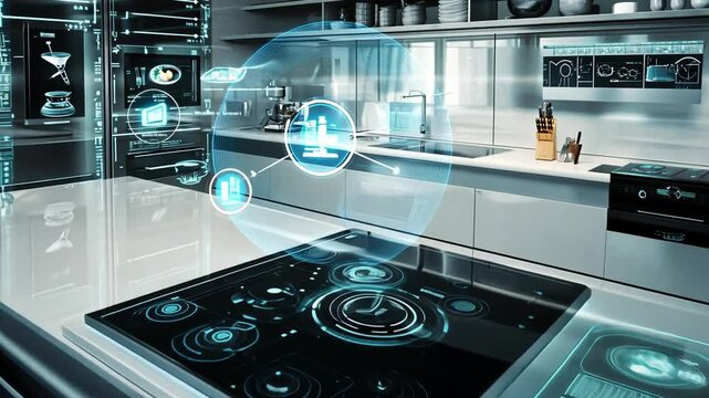 Futuristic Smart Kitchen with Holographic Display Technology for Modern Lifestyle