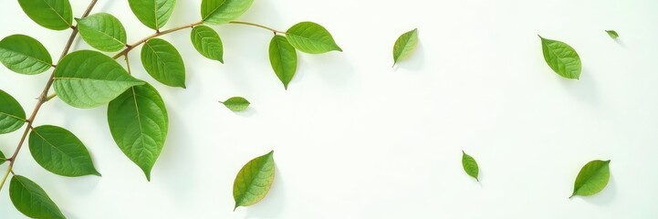 Fototapeta premium Delicate leaves scattered on white background, texture, nature, foliage