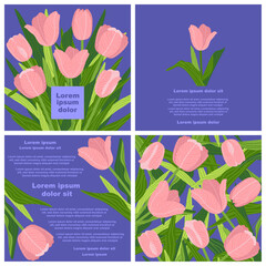 A graphic template consisting of 4 rectangular botanical illustrations with various colorful tulips with green leaves on a violet background. Perfect for creating postcards, invitations, and brochures