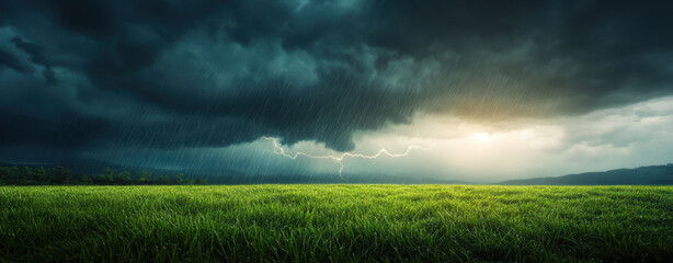 dramatic landscape featuring green field under dark storm clouds, with lightning illuminating sky and rain falling. scene evokes sense of nature power and beauty