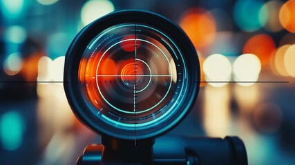 Technological Precision: Digital Crosshair Overlay on Urban Nightscape, Focus on Innovation - Powered by Adobe