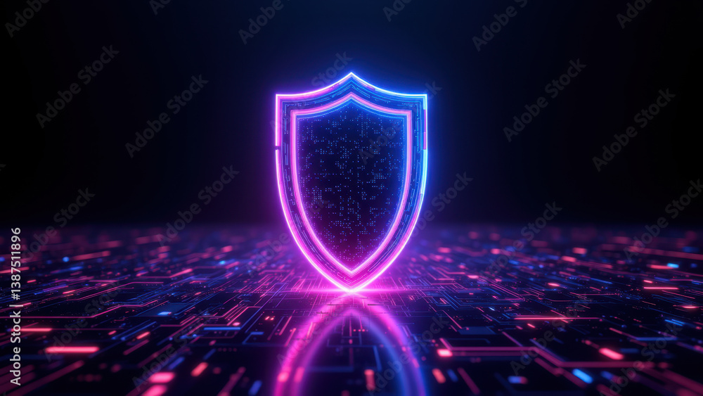 Poster an abstract digital shield with futuristic neon colors against a cybernetic grid backdrop, represent