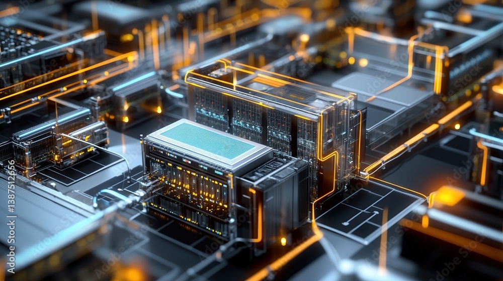 Poster a detailed visualization of a data center emphasizes the integration of advanced technology