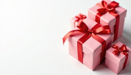 Obraz premium Elegant red ribbon tied gift boxes on white background, repeating, abstract, style