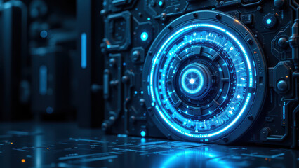 Obraz premium Advanced electronic control panel with blue LED lights against a dark cybernetic background, representing cybersecurity and internet security.