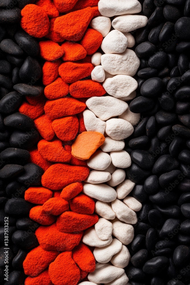 Poster Colorful arrangement of stones creating a striking pattern on a textured surface