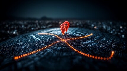 Abstract representation of digital navigation with glowing markers over a cityscape at night