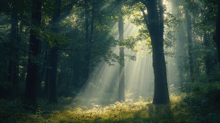Fototapeta premium Sunbeams Illuminating a Mystical Forest
