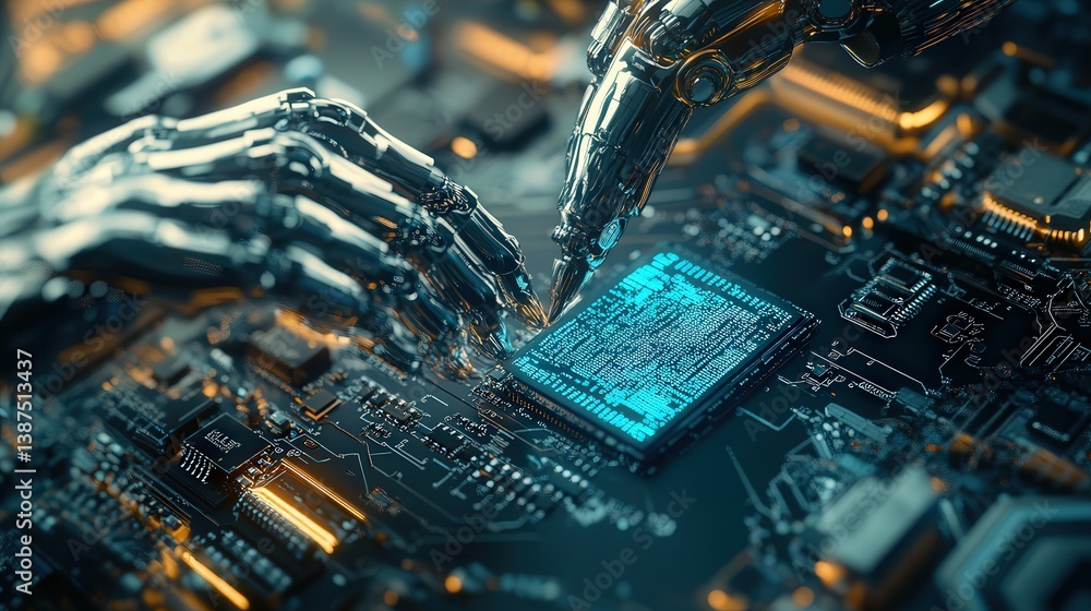 Poster a dynamic futuristic animation captures a high-tech robotic arm's interaction with a microchip