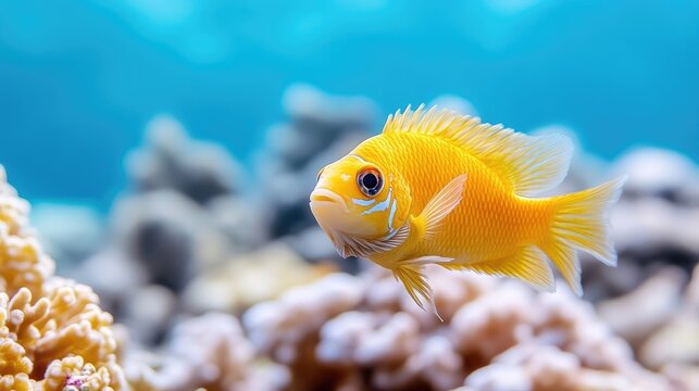 A vibrant yellow fish, possibly a cichlid, swims near coral. The image features a blurred background of ocean and coral reef. The photo is high-quality with good resolution and natural lighting. It