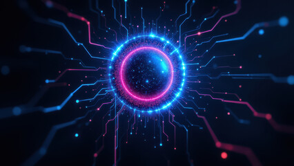 Fototapeta premium Cybersecurity interface with digital neon-colored circuitry and data flow.