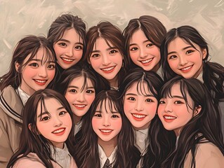 Obraz premium A group of ten smiling young women pose closely together for a cheerful portrait illustration with pastel tones.