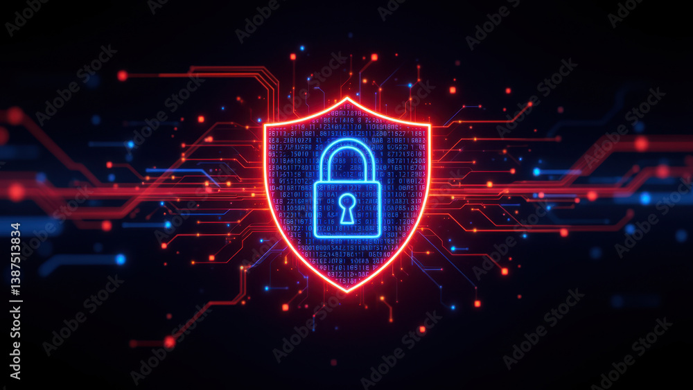 Poster a digital shield with a lock symbol and glowing lines representing cyber protection.