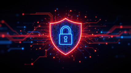 A digital shield with a lock symbol and glowing lines representing cyber protection.
