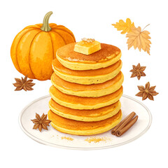 Golden Yellow Pumpkin Pancakes Stack eat isolated on white background