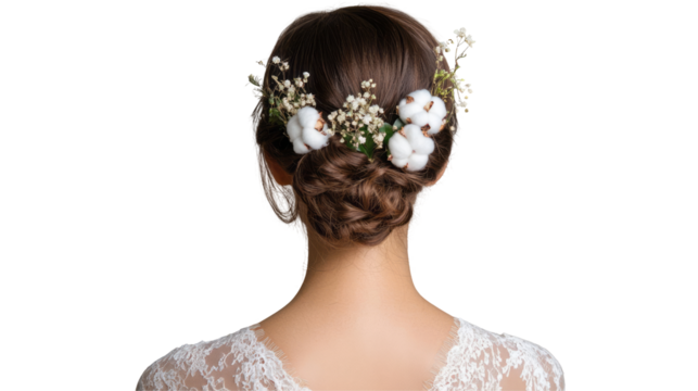 a woman's hair with flower accessories from behind. isolated on transparent background