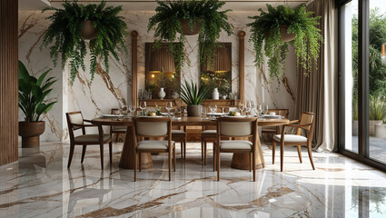 Fototapeta premium Elegant Dining Room Interior With Marble Flooring And Hanging Ferns