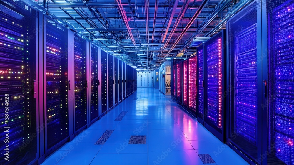 Poster a dynamic view of a data center features advanced technology, highlighting organized server racks, i