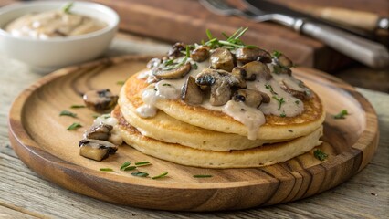 Savory blini topped with mushrooms and cream sauce served on a wooden plate