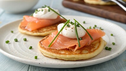 Delicious blini topped with smoked salmon and cream, garnished with fresh chives on a rustic plate