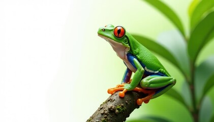 Naklejka premium Green tree frog perched on white, vibrant skin, white background, chlorophyll