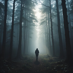 a figure walking away from the camera through a foggy forest, with sunlight filtering through the trees, creating a mysterious and ethereal atmosphere.