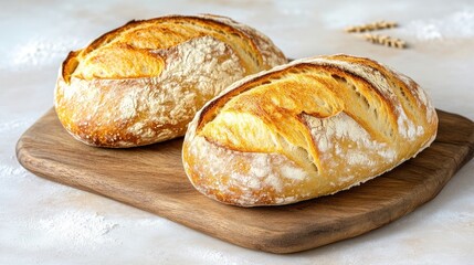 Naklejka premium Artisan Bread Loaves on Wooden Board Rustic Style High-Resolution Photography Close-up Top View Golden Crust Texture Baking Concept Light Kitchen Setting Warm Golden Hues Ideal for Food Blogs