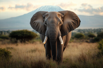 Obraz premium majestic elephant stands prominently in foreground, showcasing its large ears and tusks against stunning backdrop of mountain and serene landscape. scene evokes sense of tranquility and awe