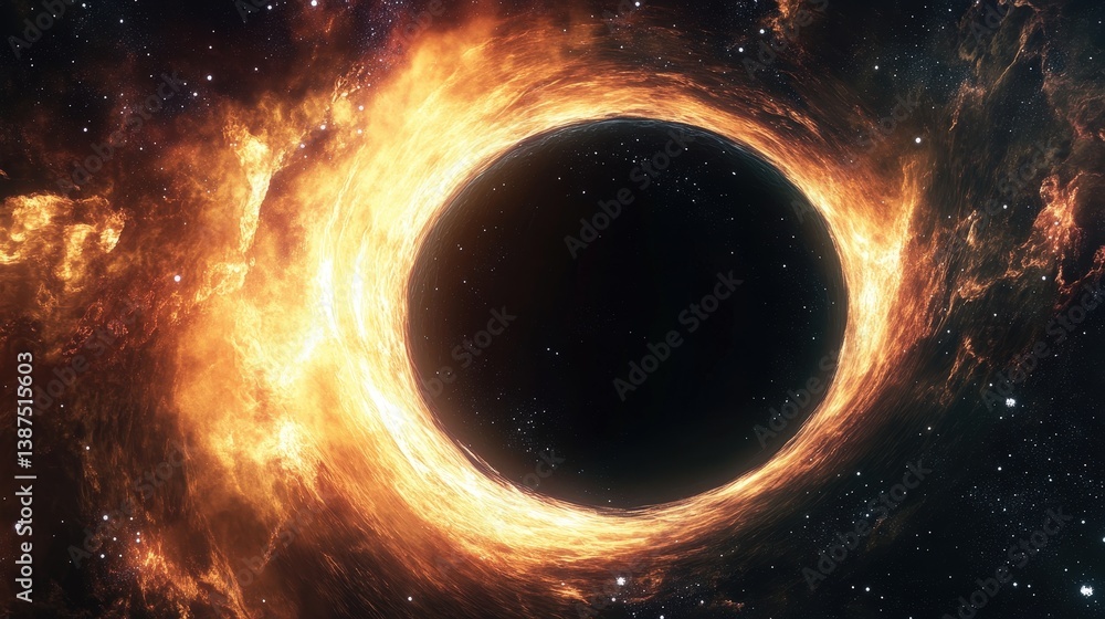 Poster a highly realistic 3d rendering of a black hole near the solar system, distorting space and time.